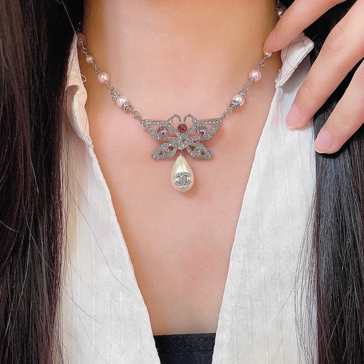 Double-C Emblem Pearl-Detail Pendant Necklace – Pearl Detail – Design 133 main product view