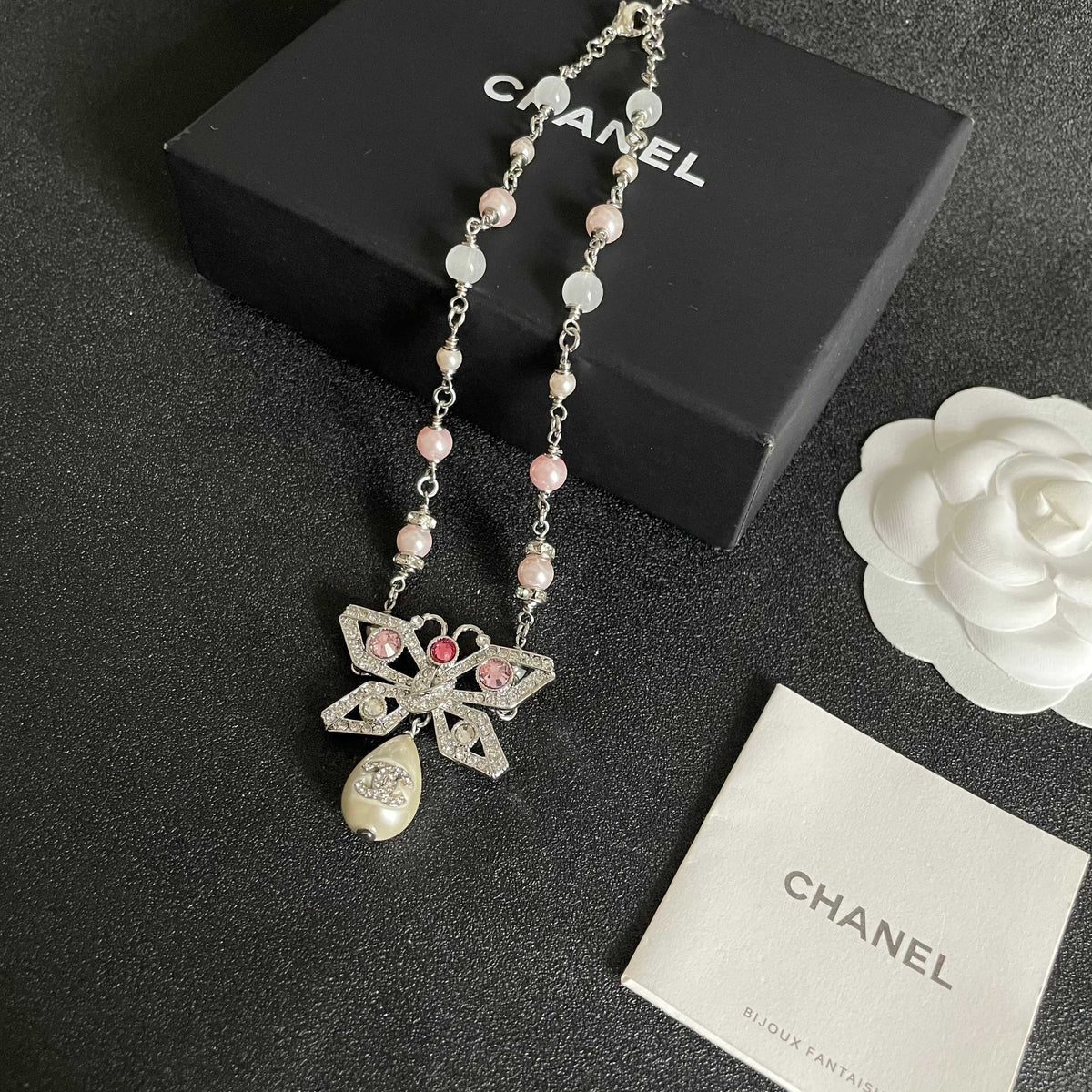Double-C Emblem Pearl-Detail Pendant Necklace – Pearl Detail – Design 128 close-up detail