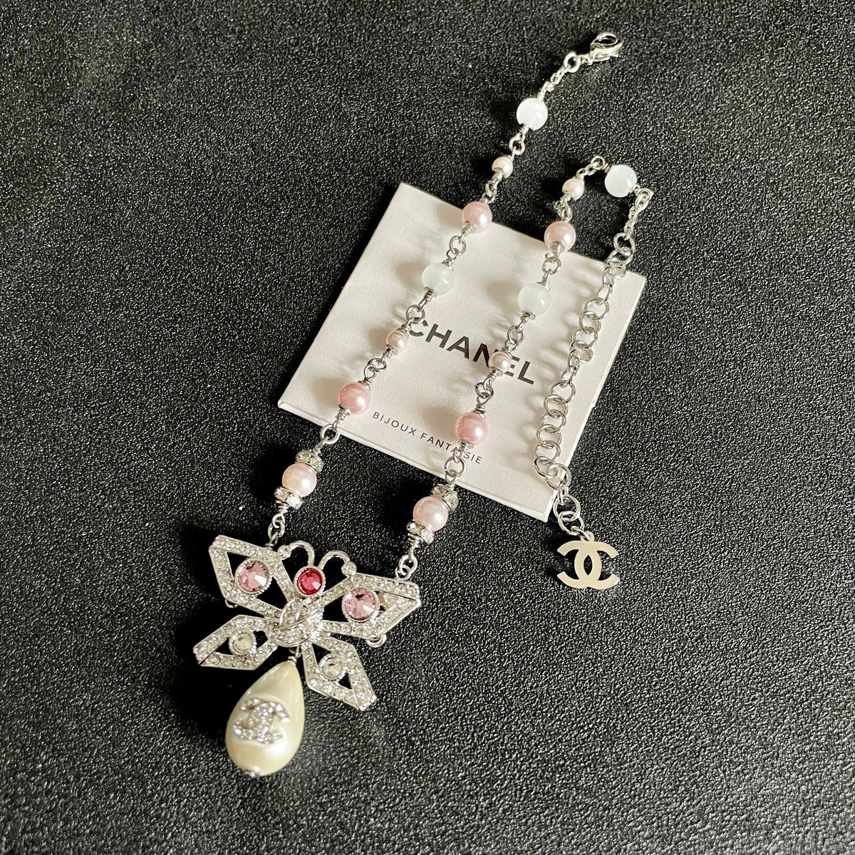Double-C Emblem Pearl-Detail Pendant Necklace – Pearl Detail – Design 128 detail view