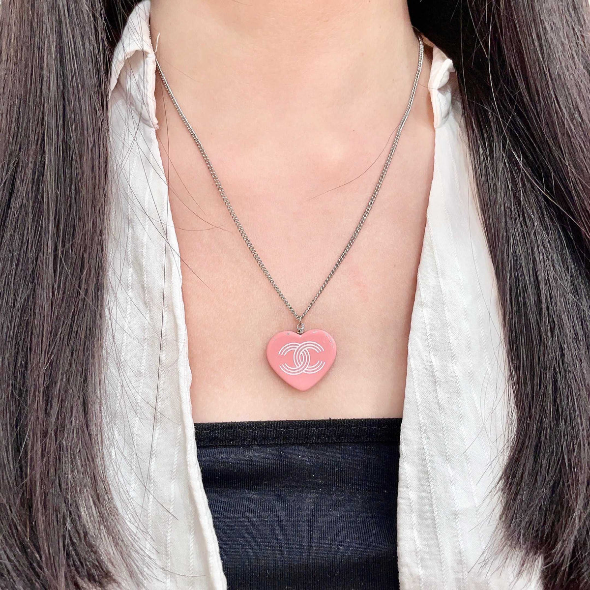 Double-C Emblem Pendant Necklace in Polished Metal-Tone – Heart Detail – Design 006 detail view