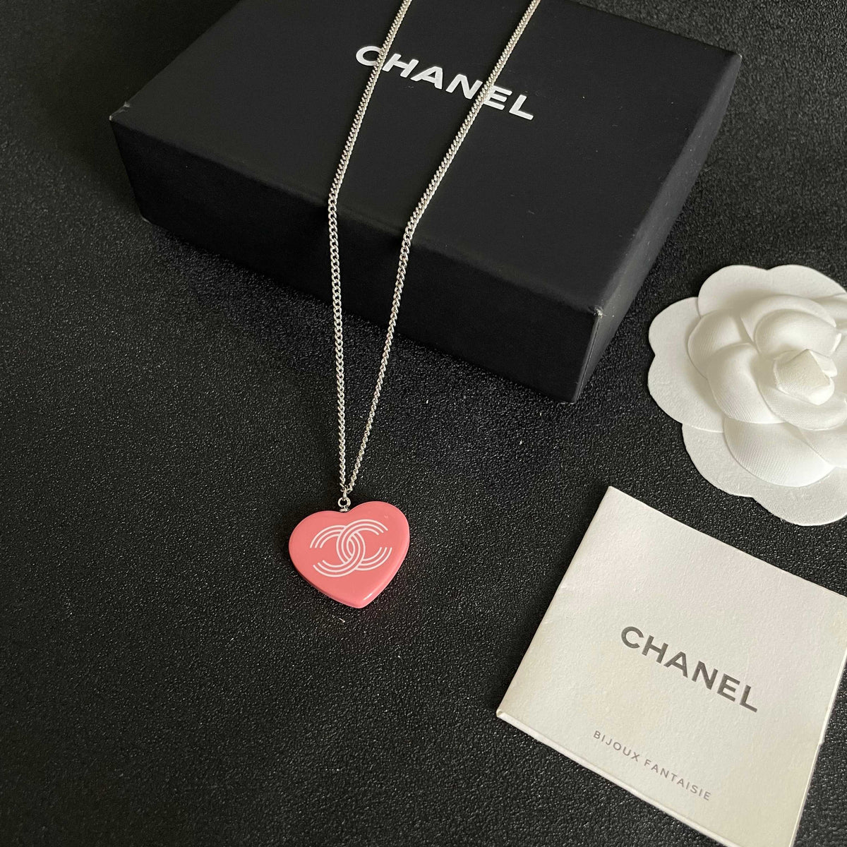 Double-C Emblem Pendant Necklace in Polished Metal-Tone – Heart Detail – Design 006 close-up detail