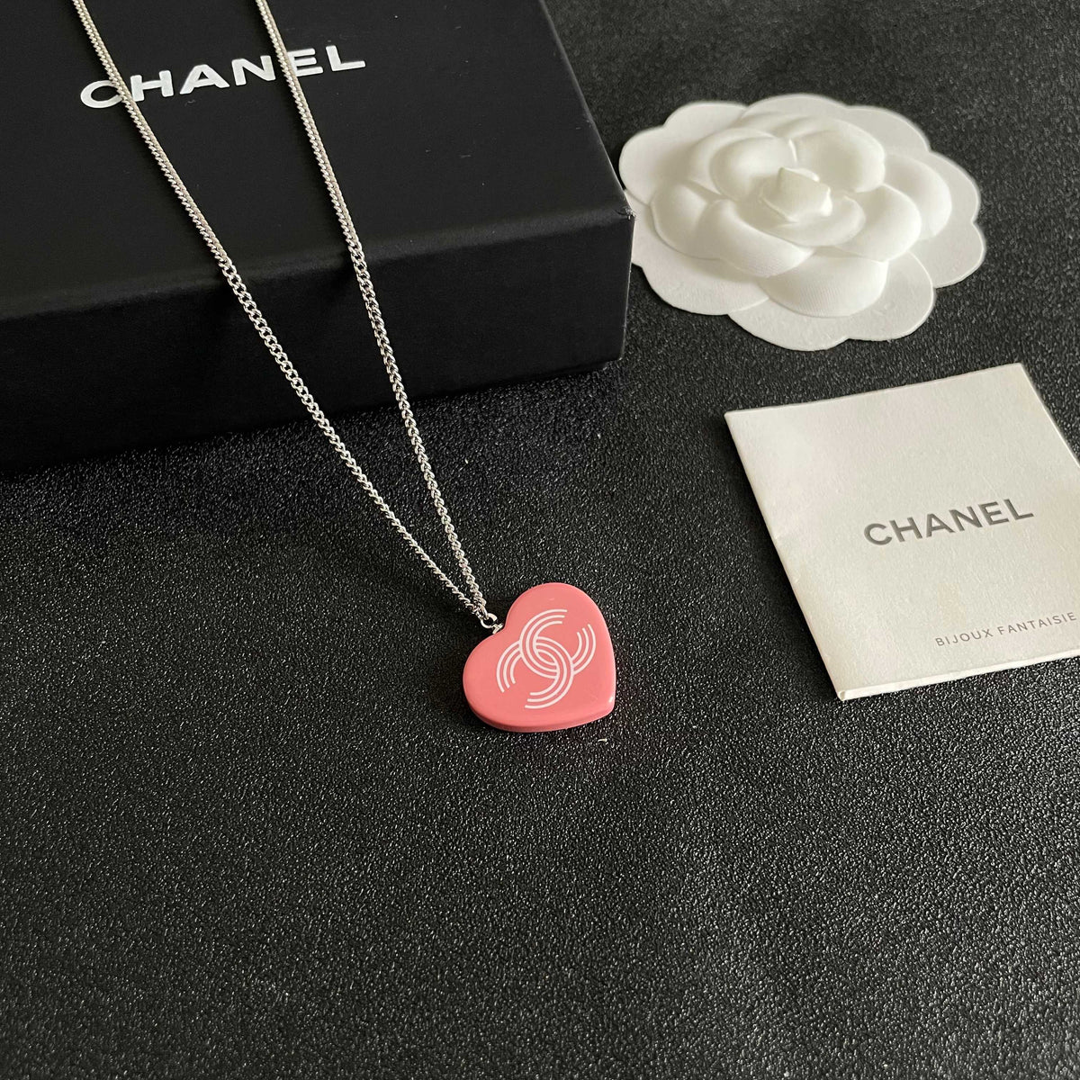 Double-C Emblem Pendant Necklace in Polished Metal-Tone – Heart Detail – Design 006 styled product view