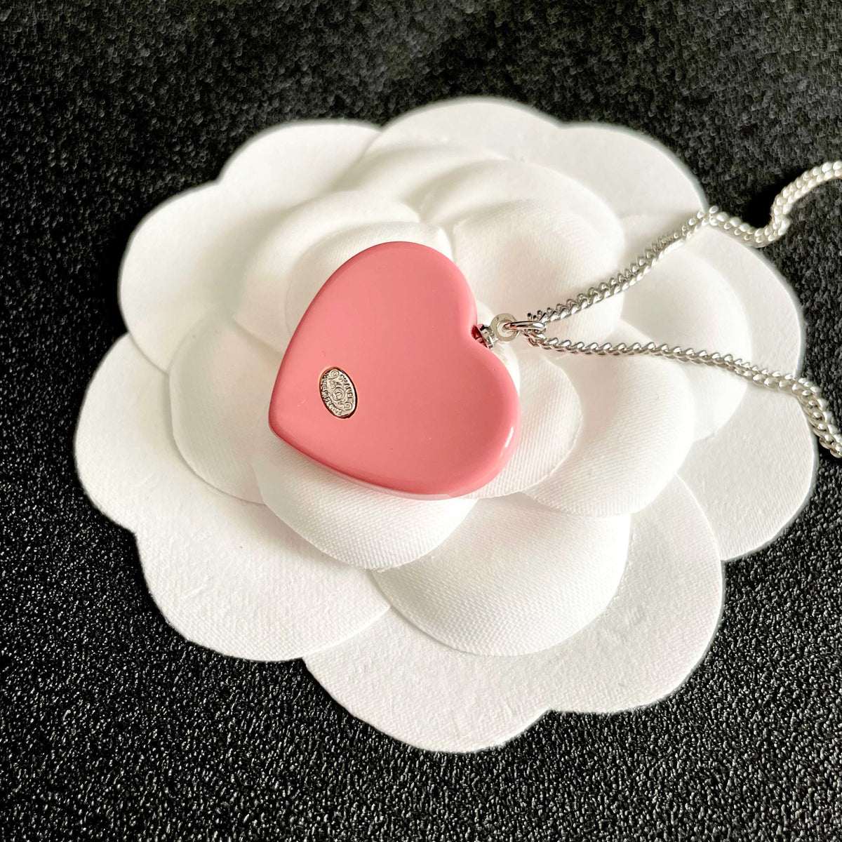 Double-C Emblem Pendant Necklace in Polished Metal-Tone – Heart Detail – Design 006 front product view