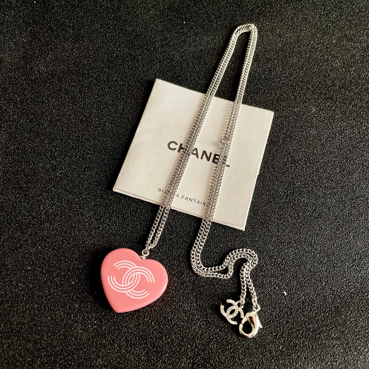 Double-C Emblem Pendant Necklace in Polished Metal-Tone – Heart Detail – Design 007 detail view