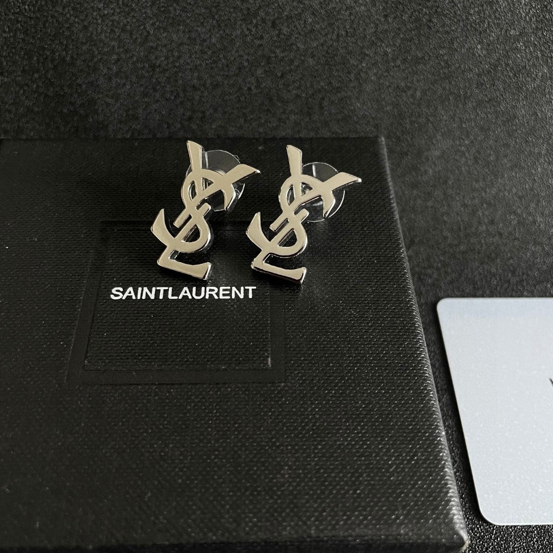 Letter Emblem Stud Earrings in Polished Metal-Tone – Design 012 detail view