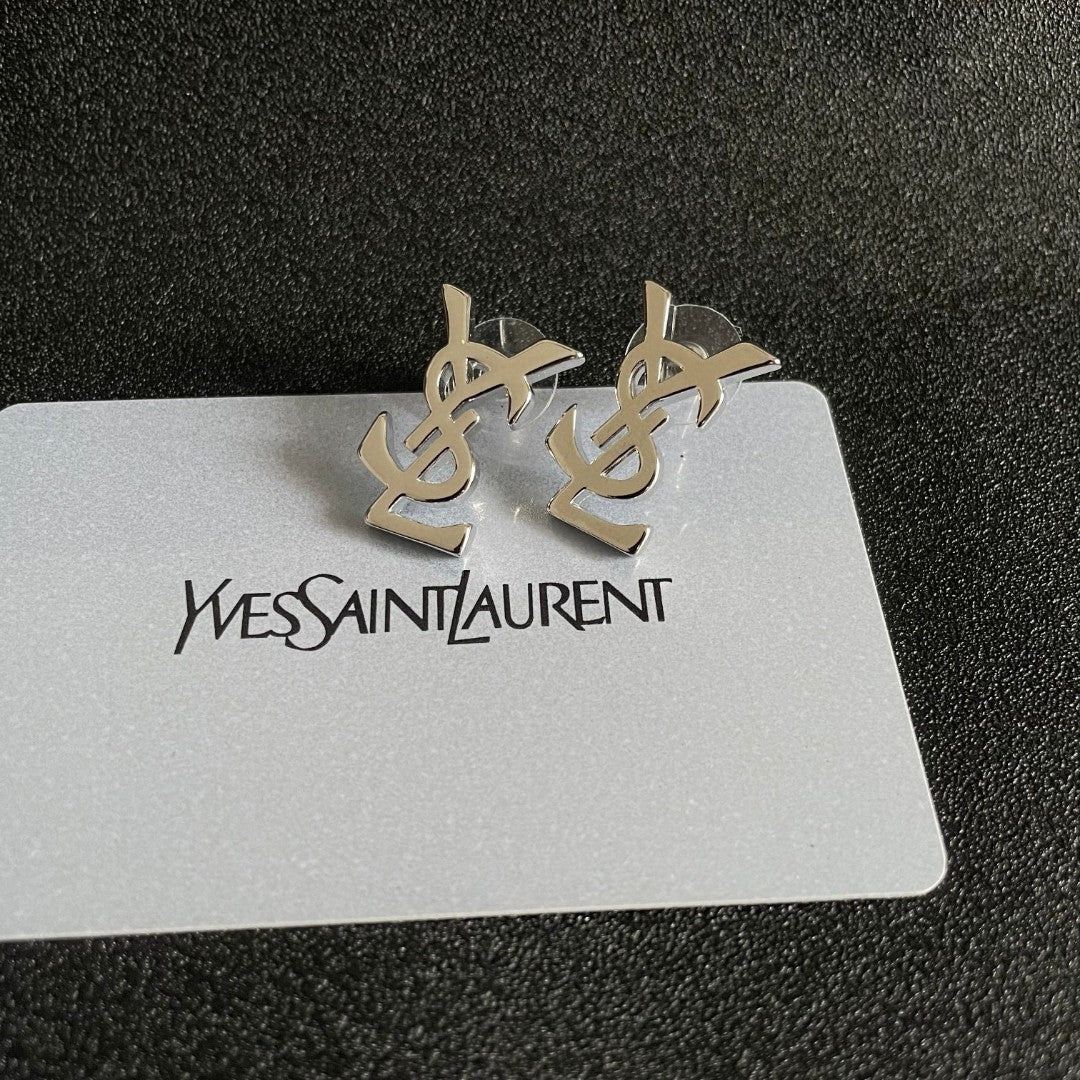 Letter Emblem Stud Earrings in Polished Metal-Tone – Design 012 front product view