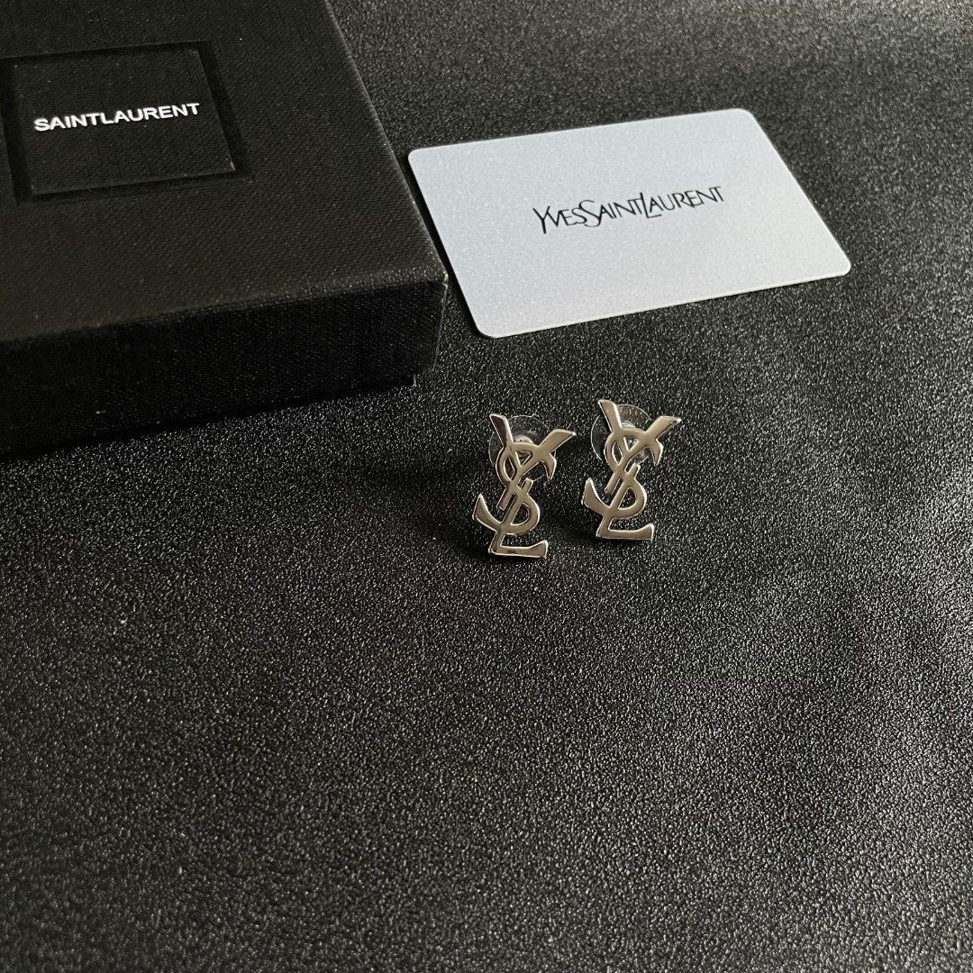 Letter Emblem Stud Earrings in Polished Metal-Tone – Design 020 styled product view