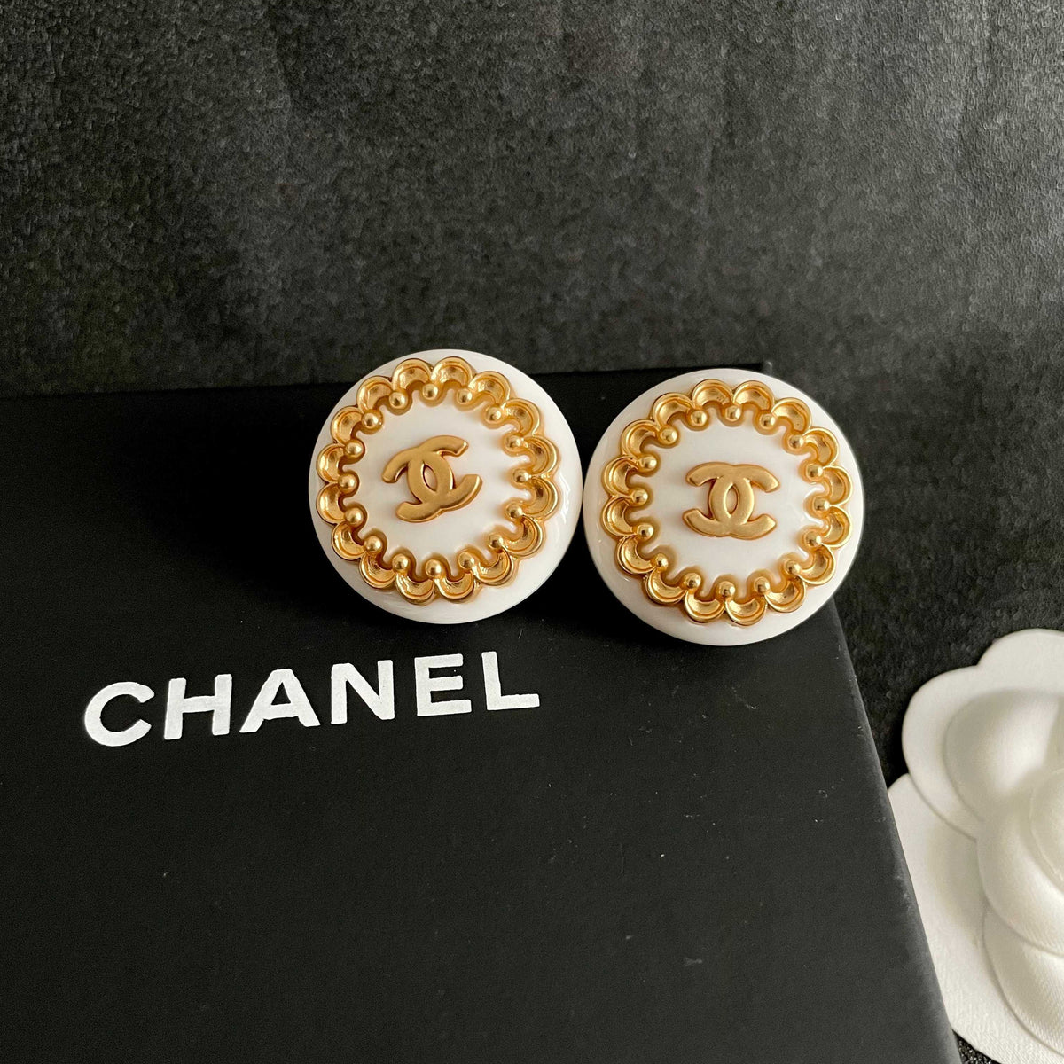 Double-C Emblem Stud Earrings in Polished Metal-Tone – Design 411 detail view