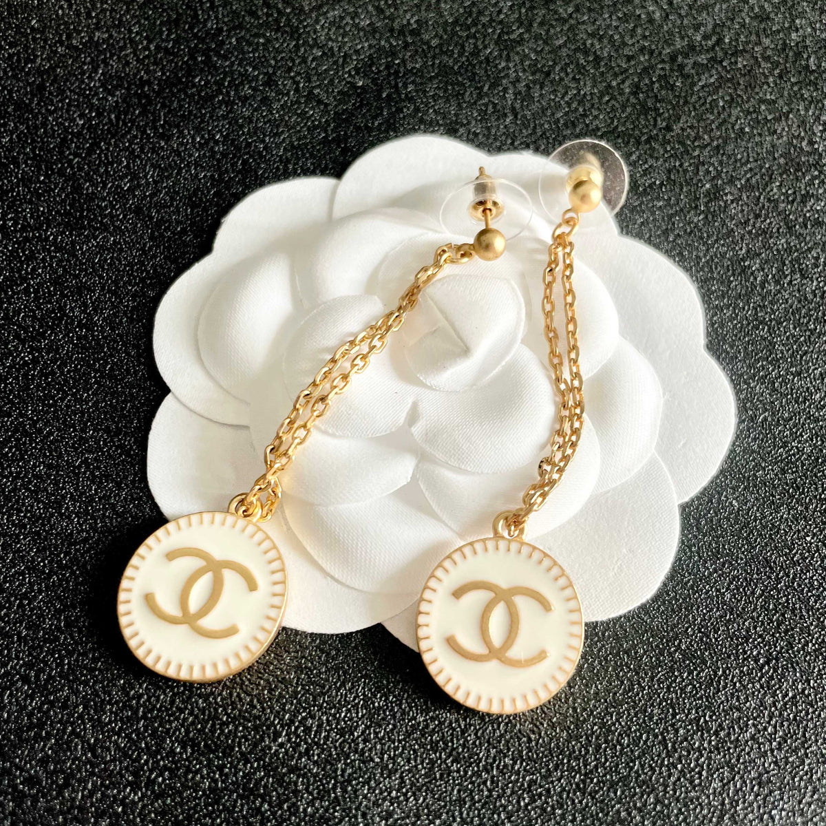 Double-C Emblem Statement Earrings in Polished Metal-Tone – Design 064 main product view
