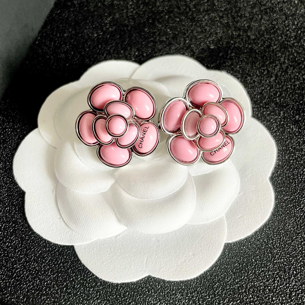 Camellia Stud Earrings in Polished Metal-Tone – Camellia Detail – Design 059 front product view