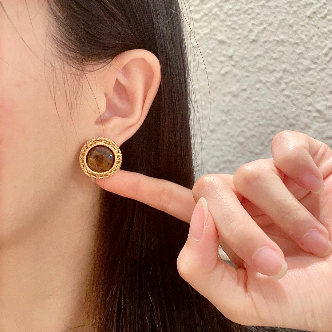 Double-C Emblem Stud Earrings in Polished Metal-Tone – Design 435 front product view