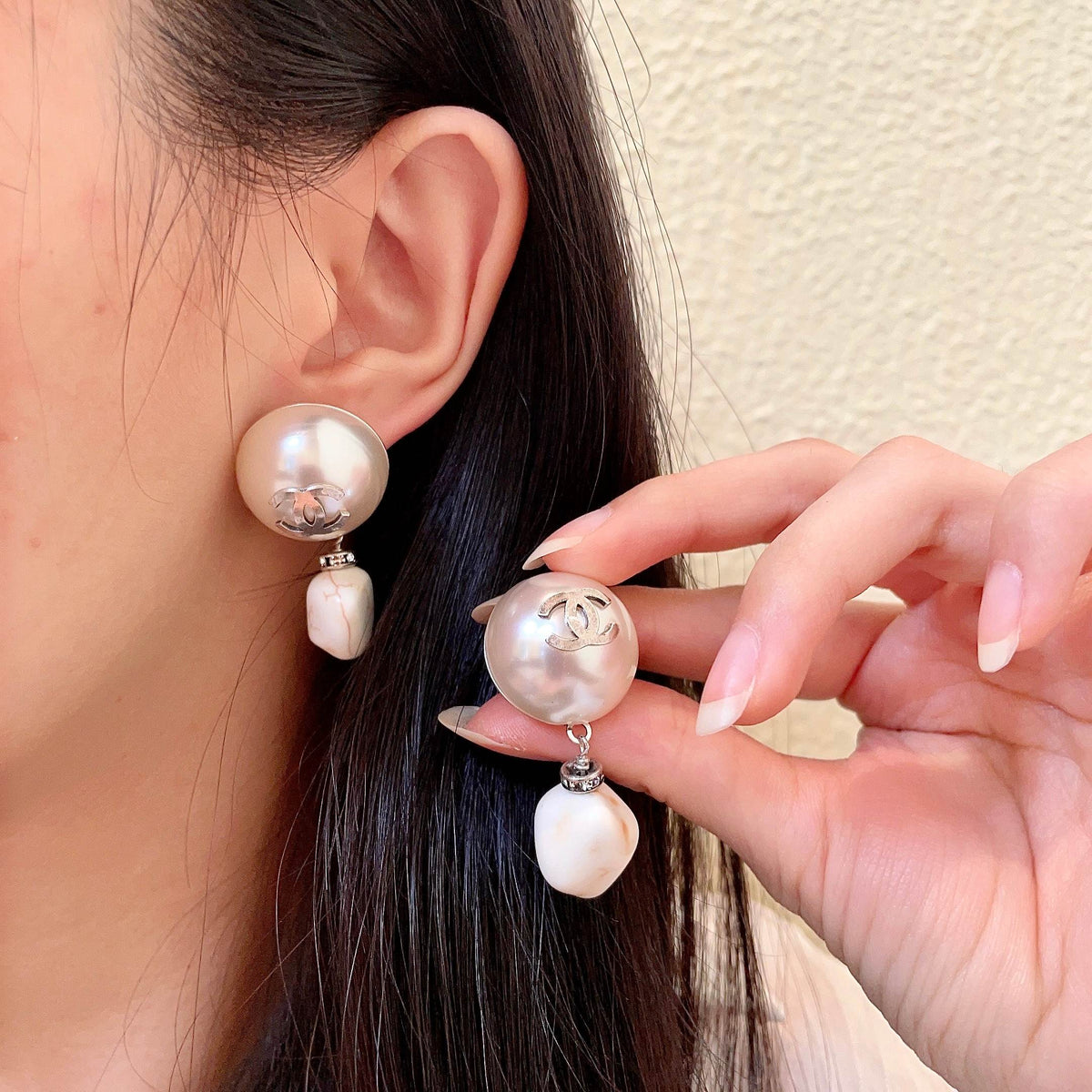 Double-C Emblem Pearl-Detail Statement Earrings – Pearl Detail – Design 032 main product view