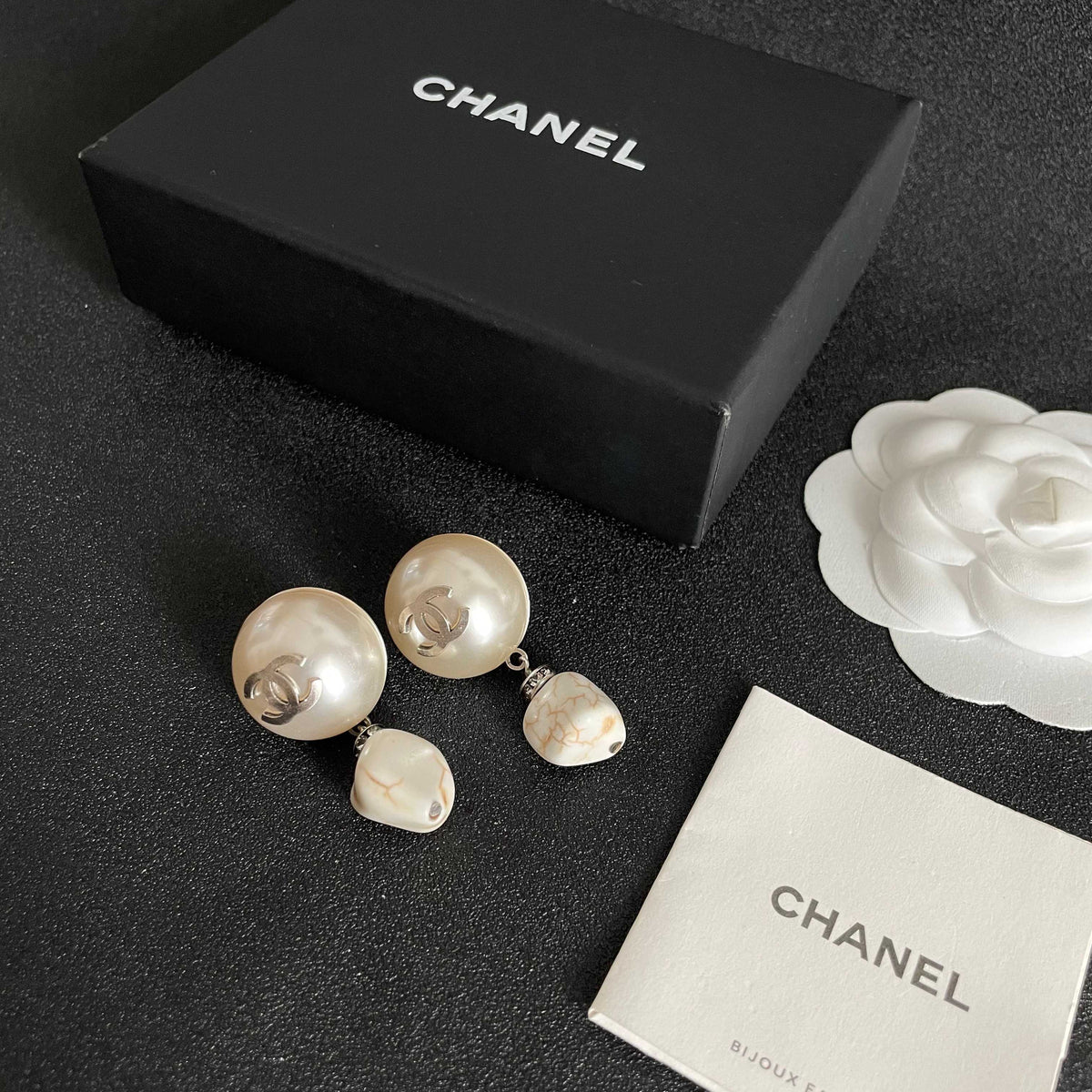 Double-C Emblem Pearl-Detail Statement Earrings – Pearl Detail close-up detail