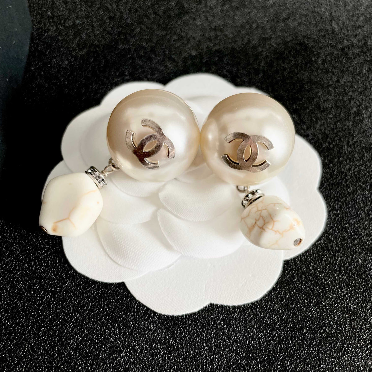 Double-C Emblem Pearl-Detail Statement Earrings – Pearl Detail – Design 032 front product view