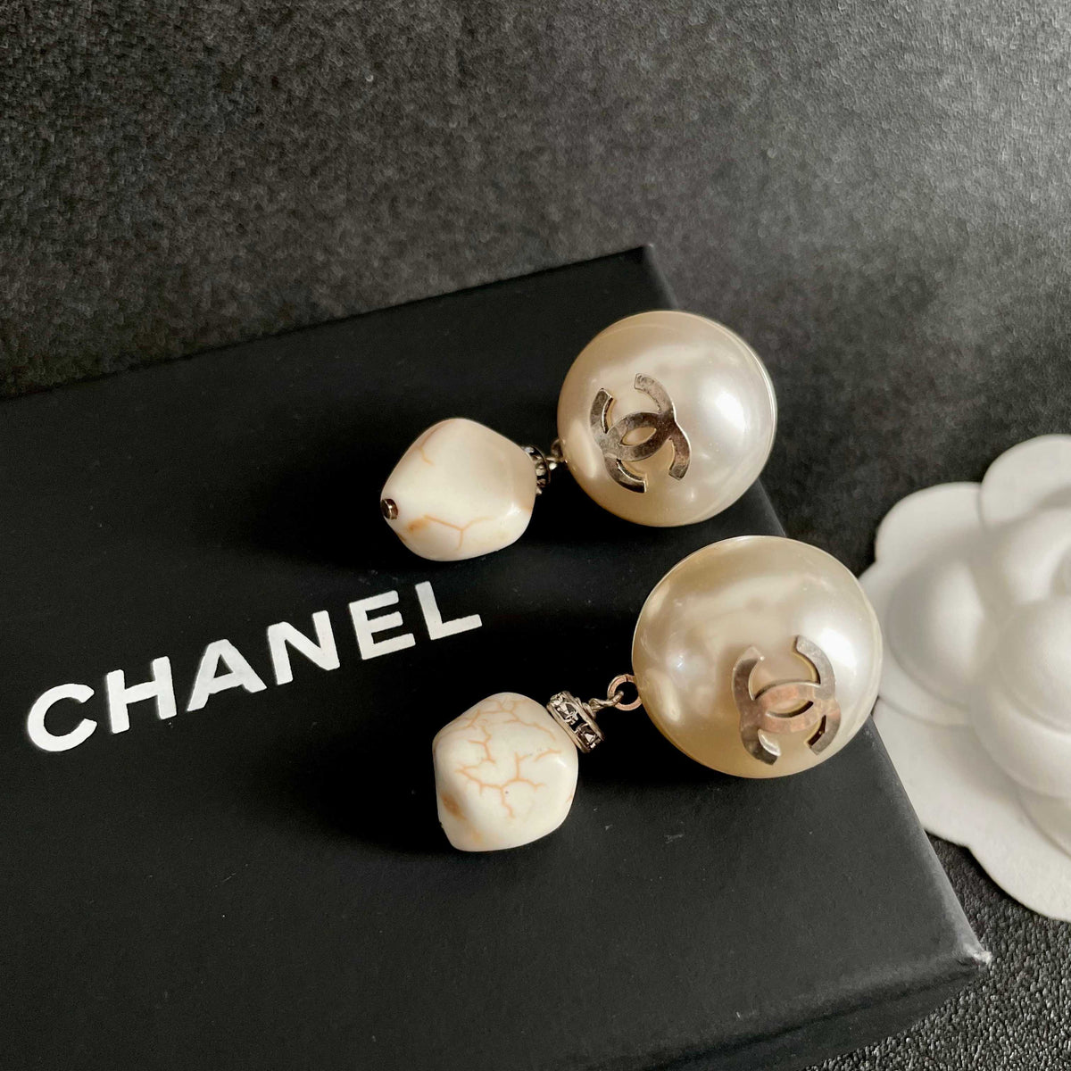 Double-C Emblem Pearl-Detail Statement Earrings – Pearl Detail detail view