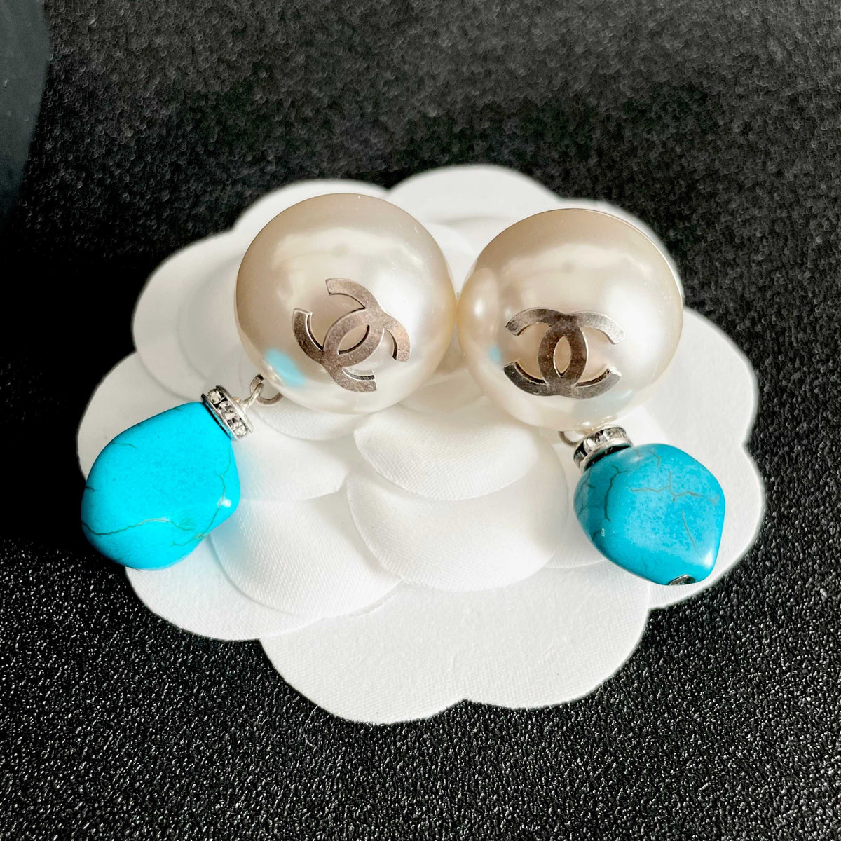 Double-C Emblem Pearl-Detail Statement Earrings – Pearl Detail – Design 031 front product view