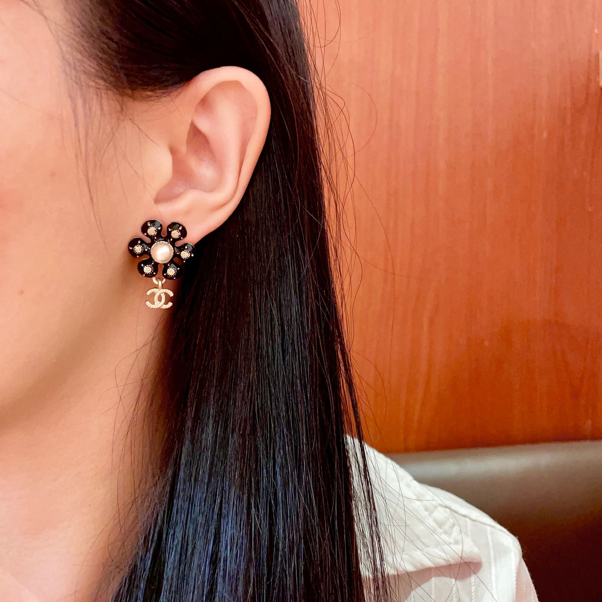 Camellia Stud Earrings in Polished Metal-Tone – Camellia Detail – Design 052 detail view