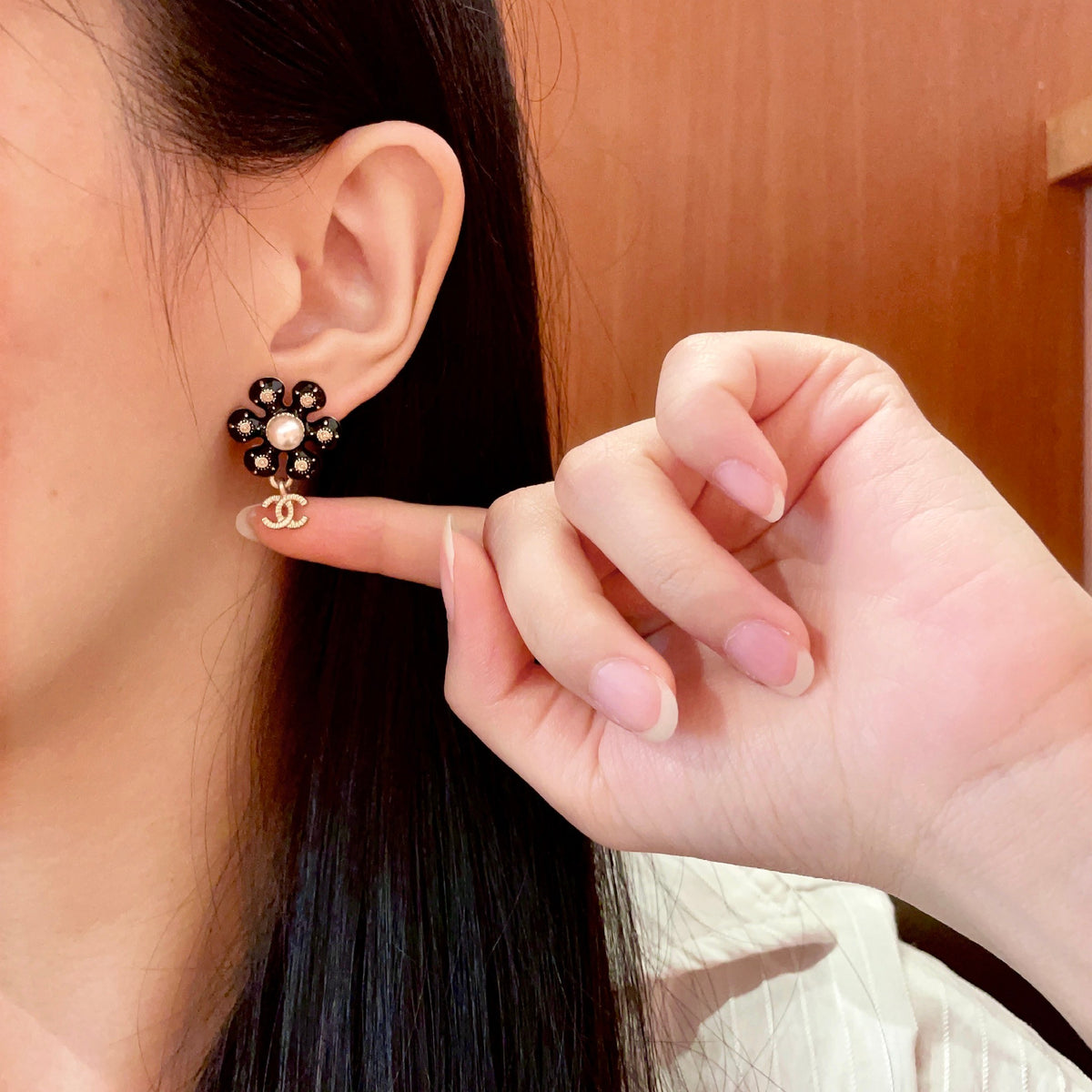 Camellia Stud Earrings in Polished Metal-Tone – Camellia Detail – Design 058 front product view