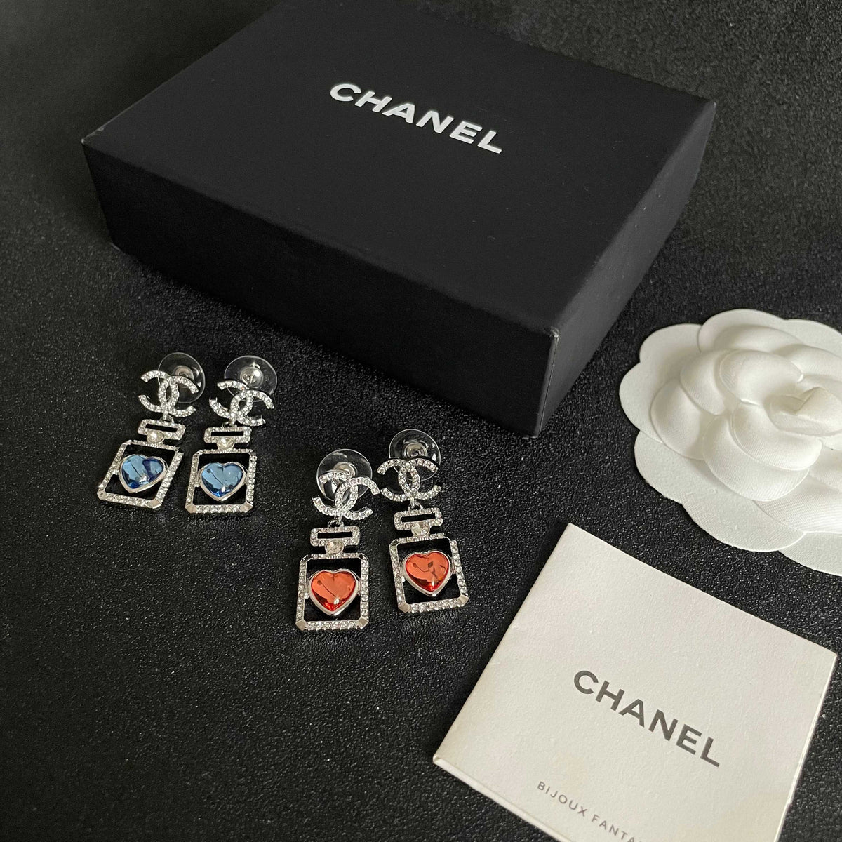Double-C Emblem Statement Earrings in Polished Metal-Tone – Heart Detail – Design 008 close-up detail