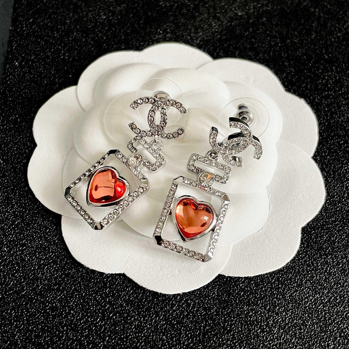Double-C Emblem Statement Earrings in Polished Metal-Tone – Heart Detail – Design 007 front product view