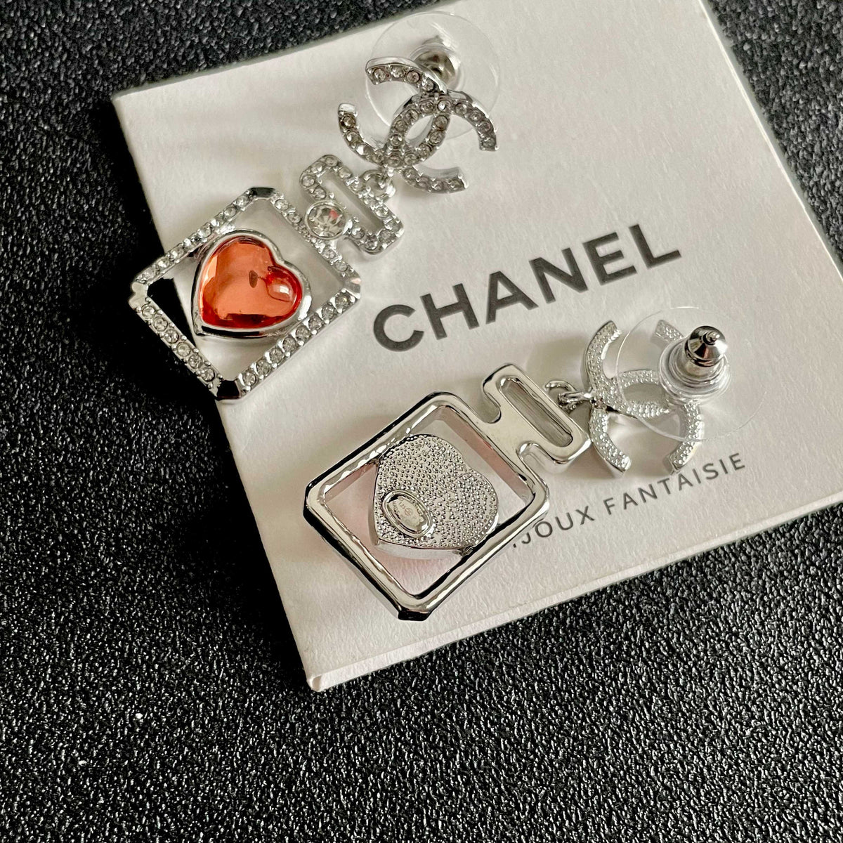 Double-C Emblem Statement Earrings in Polished Metal-Tone – Heart Detail – Design 007 main product view