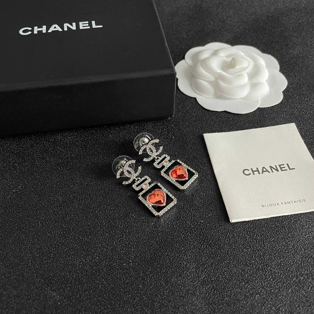 Double-C Emblem Statement Earrings in Polished Metal-Tone – Heart Detail – Design 007 styled product view