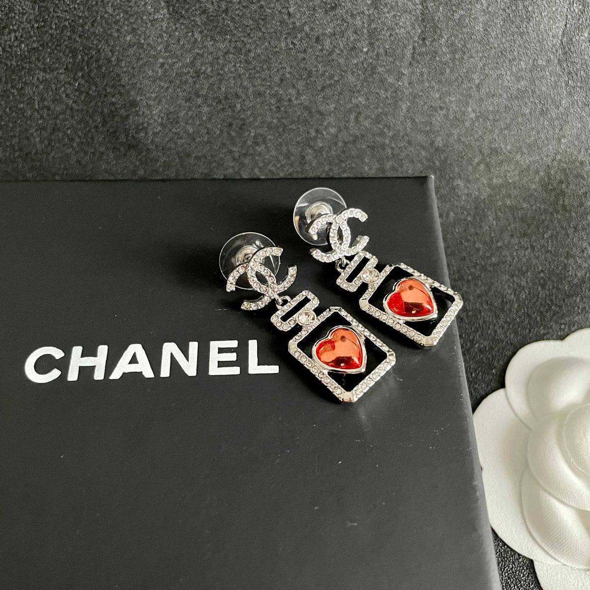 Double-C Emblem Statement Earrings in Polished Metal-Tone – Heart Detail – Design 008 detail view