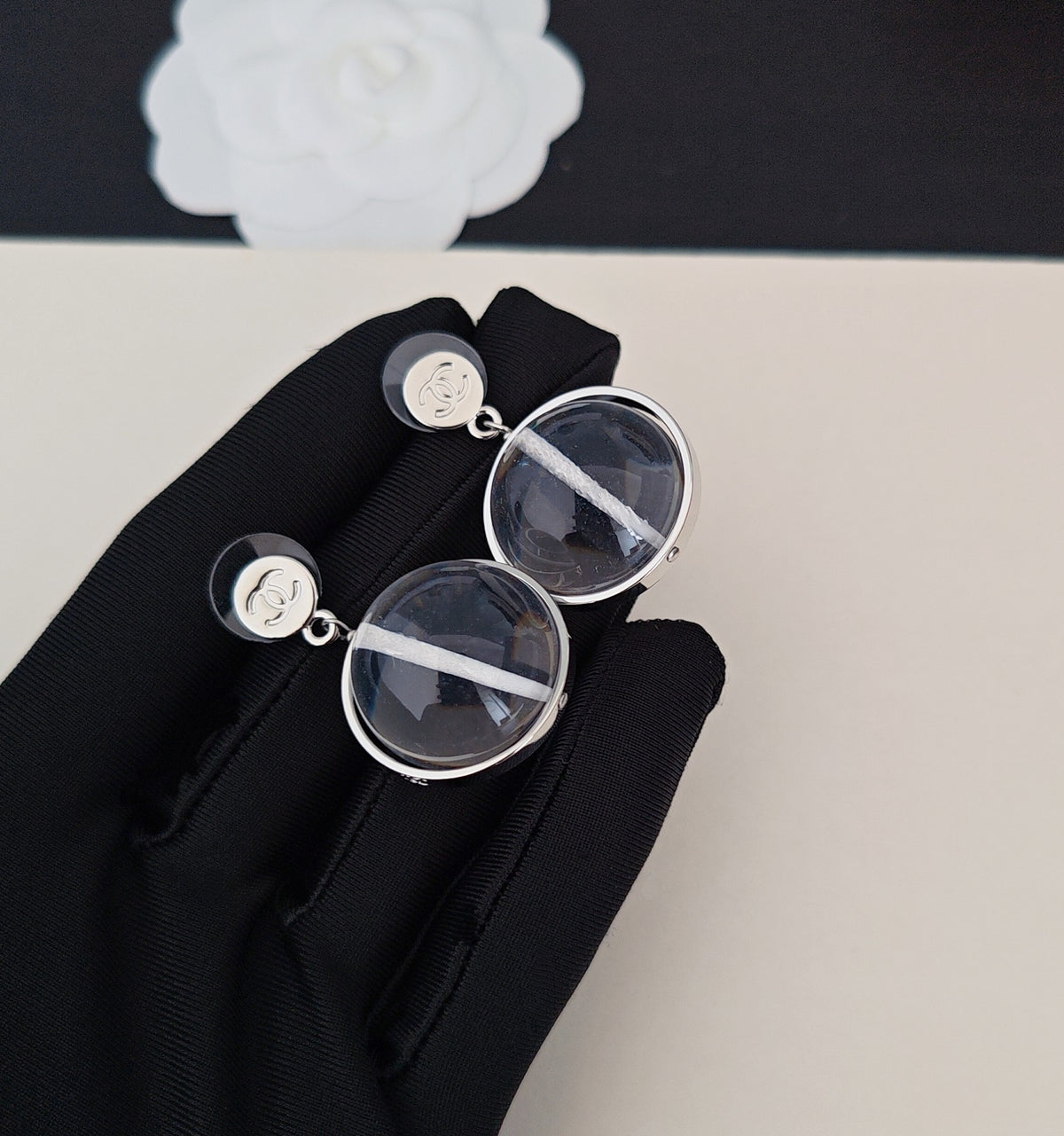 Signature Emblem Statement Earrings in Gold-Tone – White Detail – Design 002 front product view