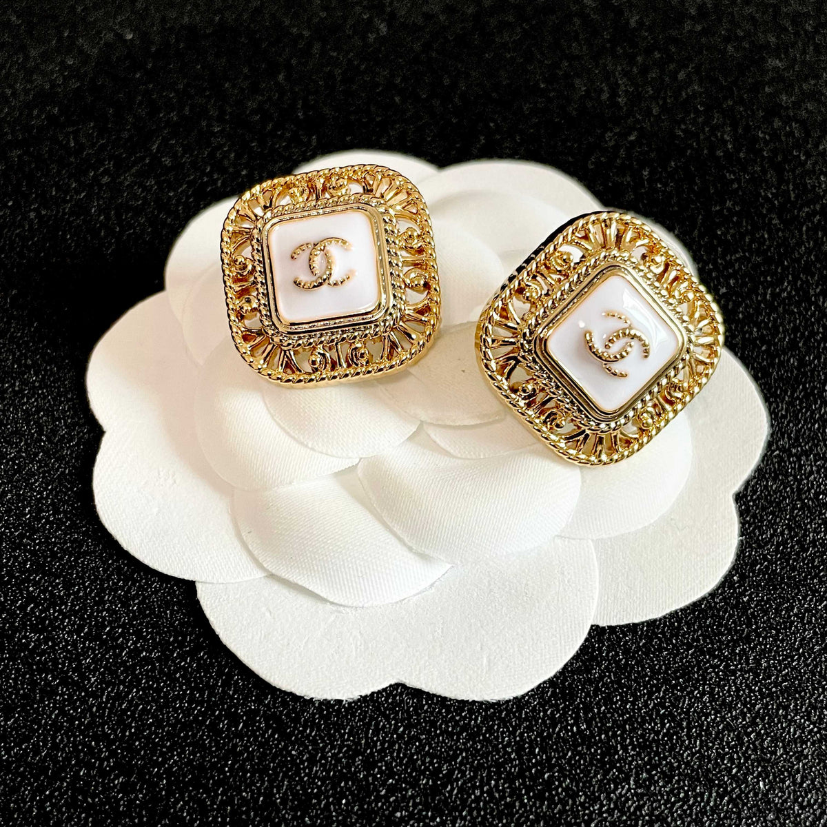 Double-C Emblem Stud Earrings in Polished Metal-Tone – Design 139 front product view