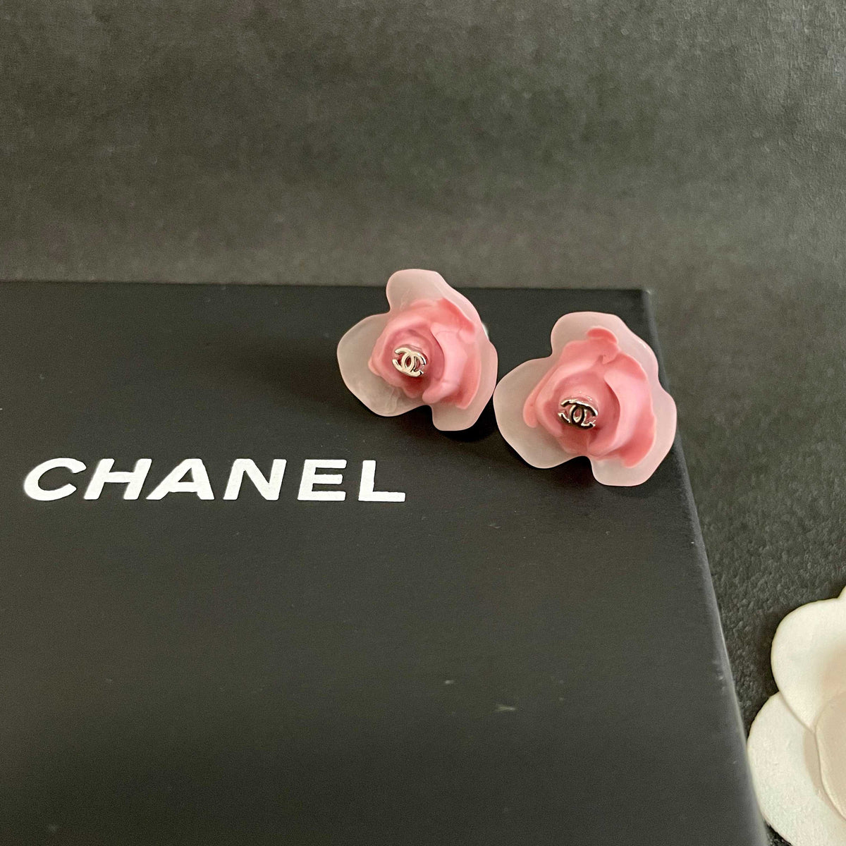 Double-C Emblem Stud Earrings in Polished Metal-Tone – Design 131 detail view