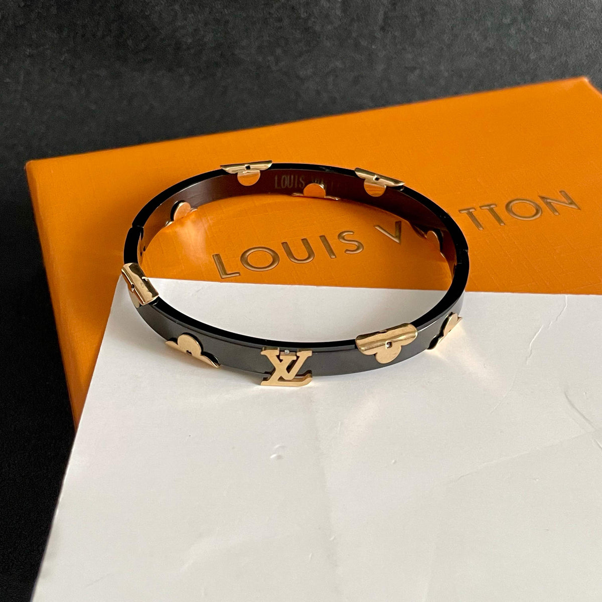 Geometric Emblem Bangle in Polished Metal-Tone – Design 002 styled product view