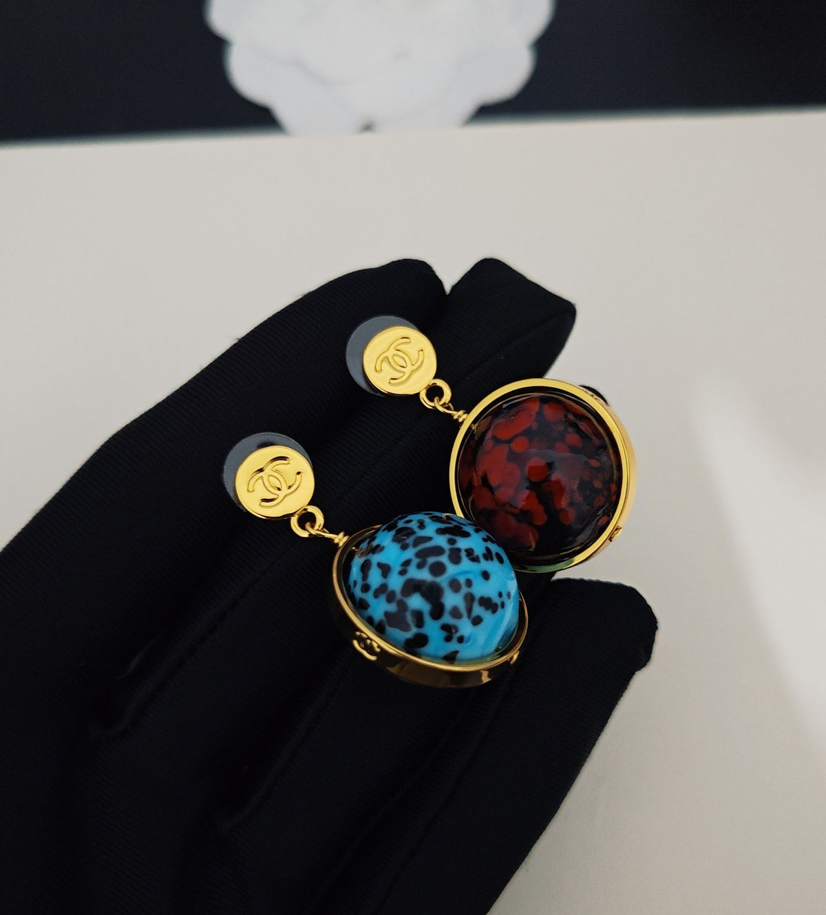 Signature Emblem Statement Earrings in Gold-Tone – Blue Detail – Design 002 detail view