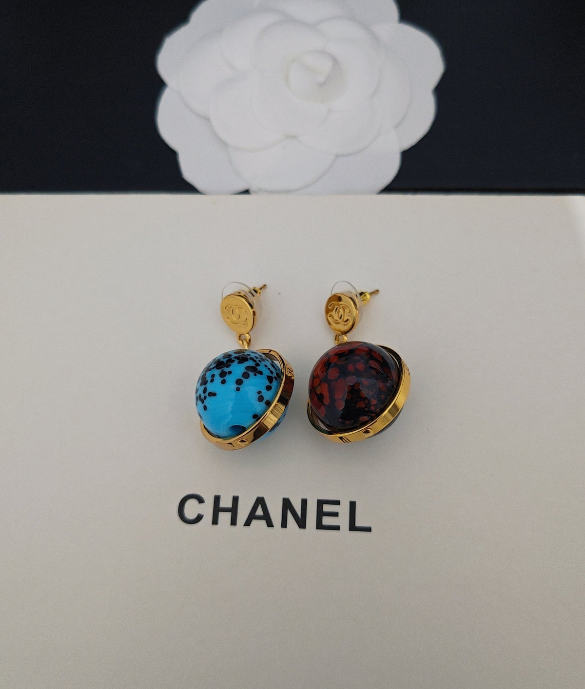 Signature Emblem Statement Earrings in Gold-Tone – Blue Detail – Design 002 side detail
