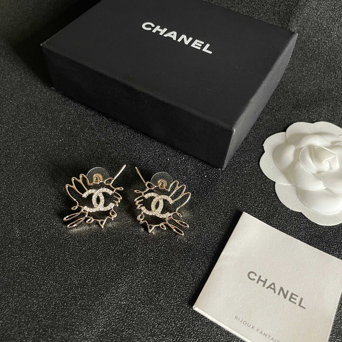 Double-C Emblem Crystal-Accent Stud Earrings – Design 010 close-up detail
