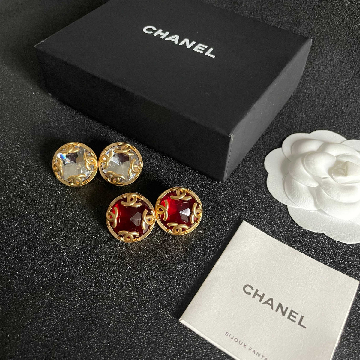 Double-C Emblem Stud Earrings in Polished Metal-Tone – Design 105 close-up detail