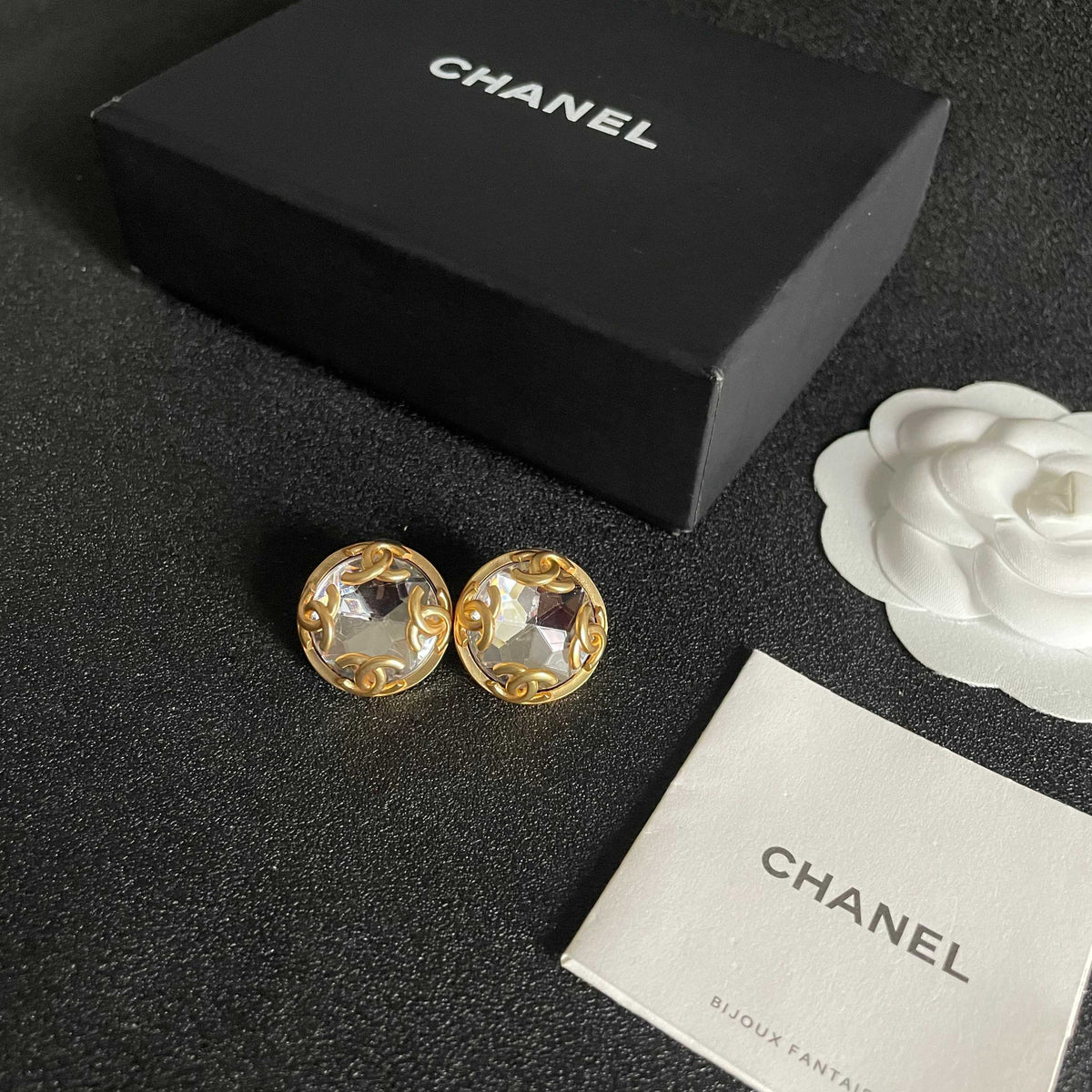 Double-C Emblem Stud Earrings in Polished Metal-Tone – Design 121 close-up detail