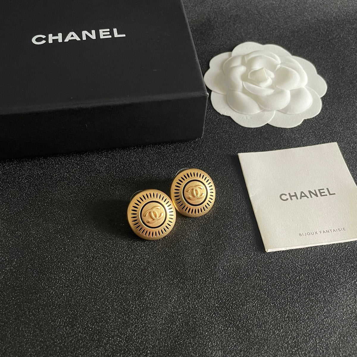 Double-C Emblem Stud Earrings in Polished Metal-Tone – Design 117 styled product view