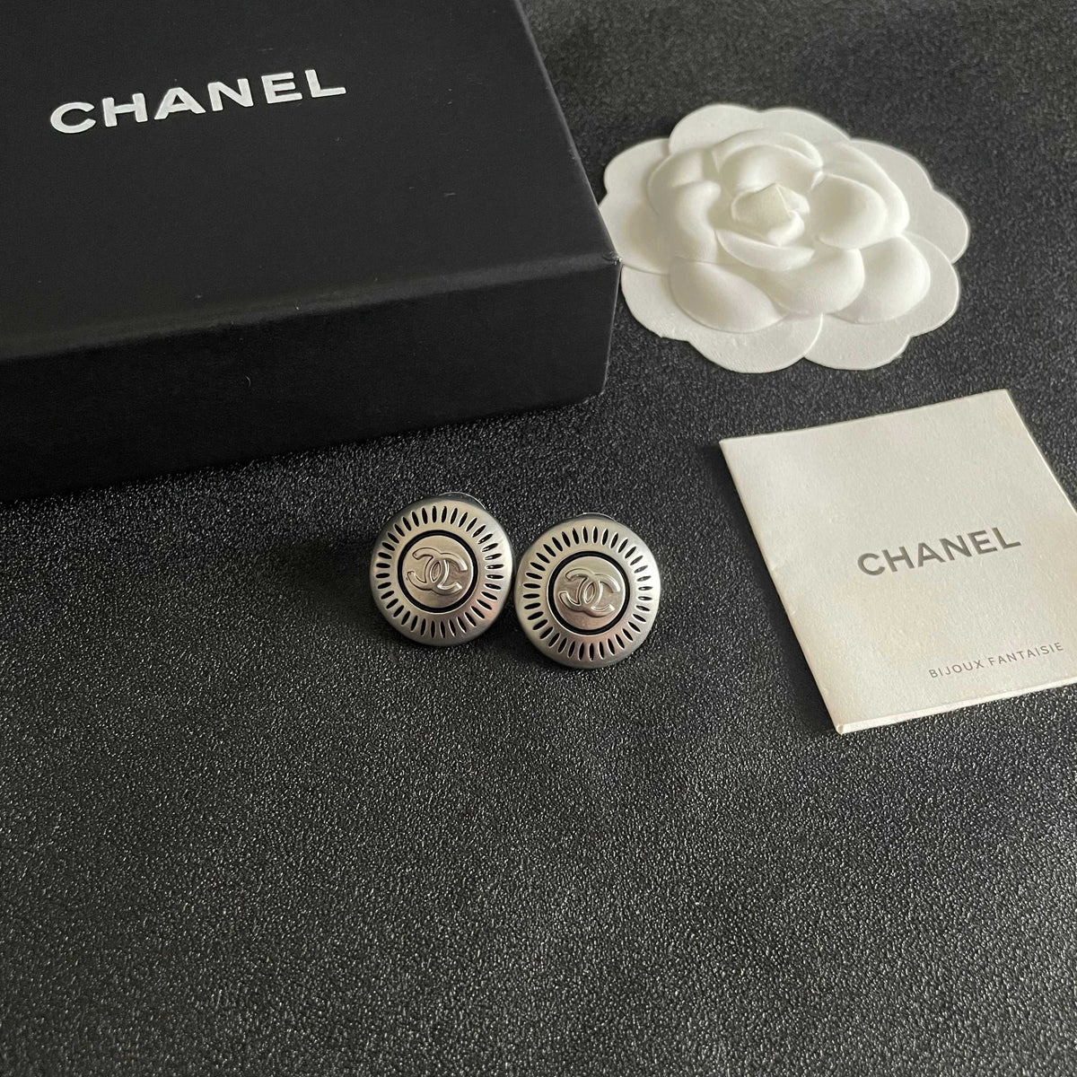 Double-C Emblem Stud Earrings in Polished Metal-Tone – Design 116 styled product view