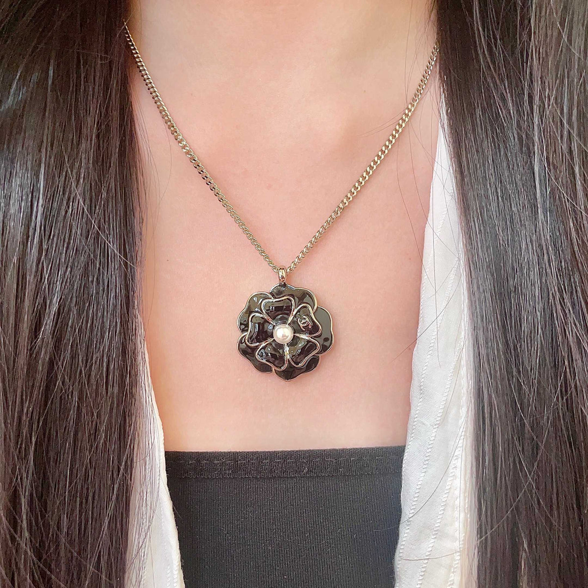 Camellia Pendant Necklace in Polished Metal-Tone – Camellia Detail – Design 004 detail view