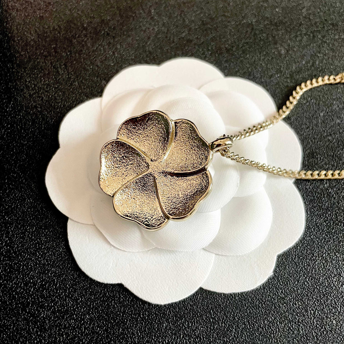 Camellia Pendant Necklace in Polished Metal-Tone – Camellia Detail – Design 006 front product view