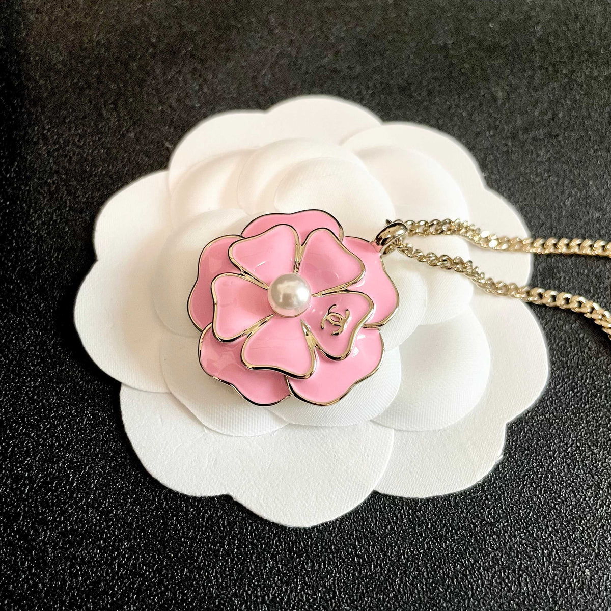 Camellia Pendant Necklace in Polished Metal-Tone – Camellia Detail – Design 005 front product view