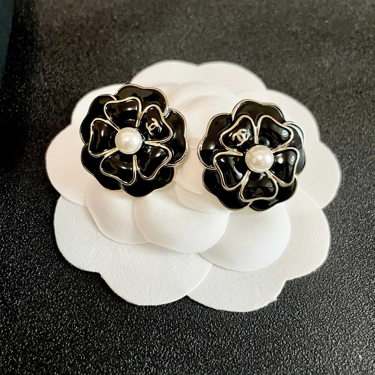 Camellia Stud Earrings in Polished Metal-Tone – Camellia Detail – Design 016 front product view