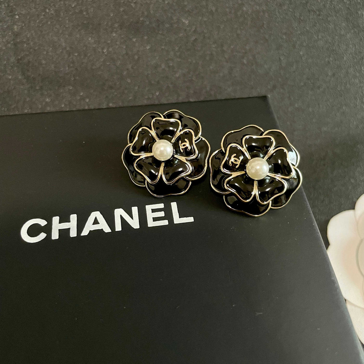 Camellia Stud Earrings in Polished Metal-Tone – Camellia Detail – Design 020 detail view