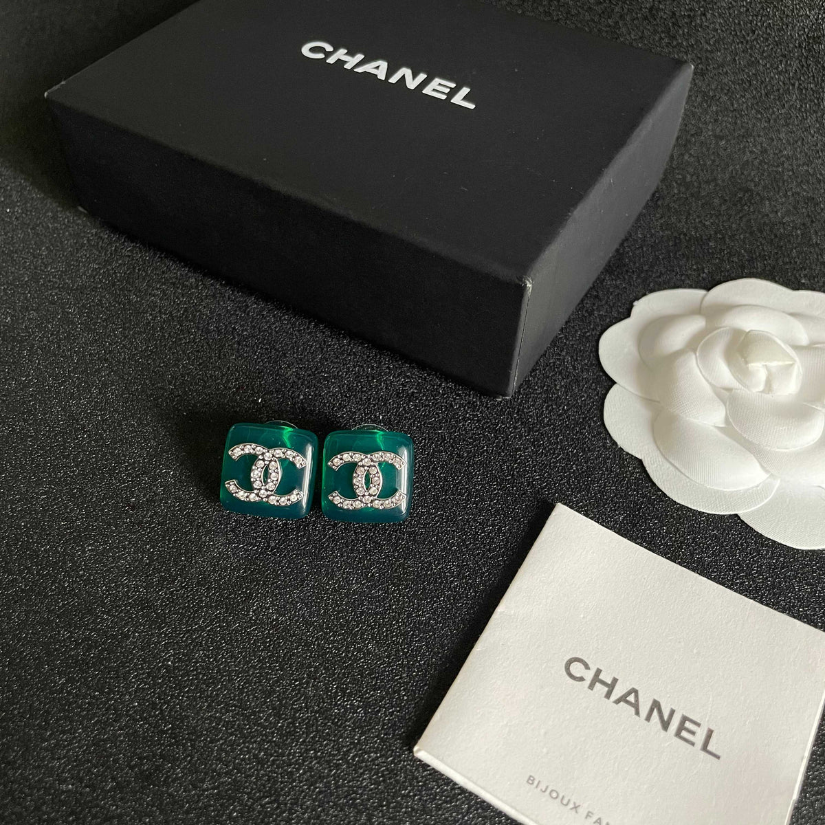 Double-C Emblem Crystal-Accent Stud Earrings – Design 012 close-up detail