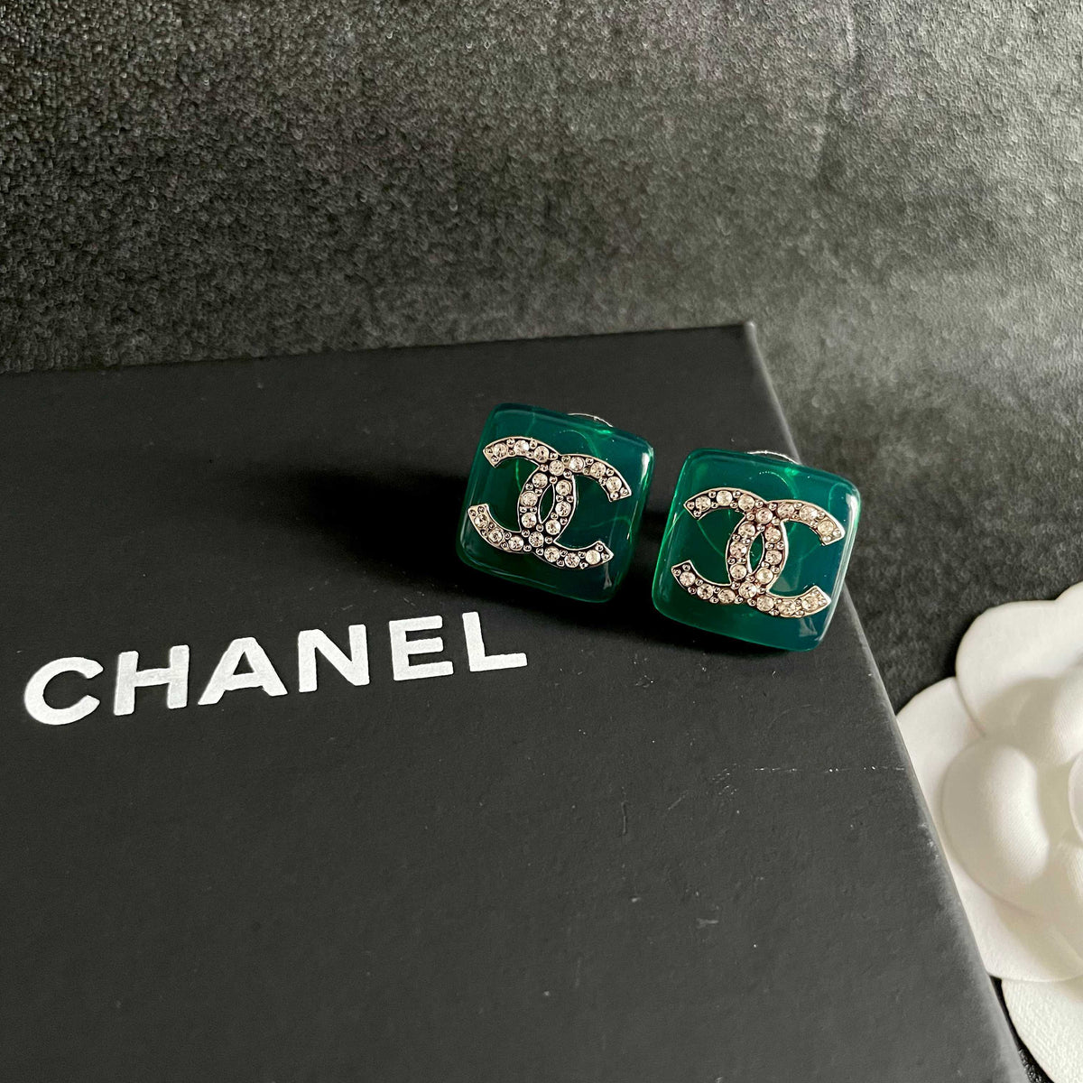 Double-C Emblem Crystal-Accent Stud Earrings – Design 012 detail view