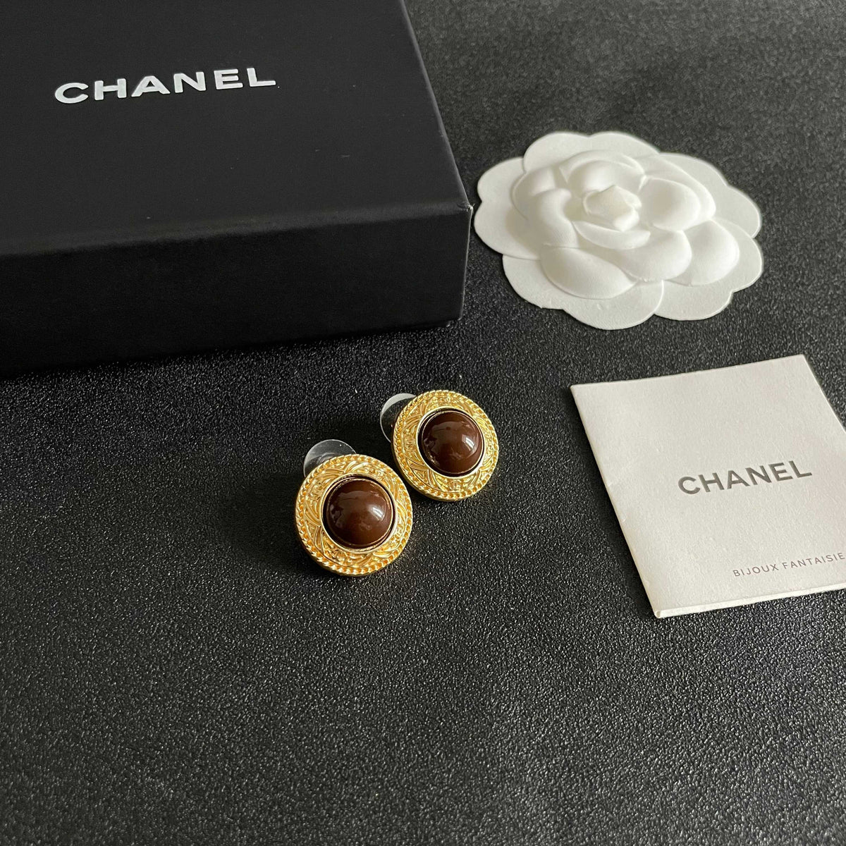 Double-C Emblem Stud Earrings in Polished Metal-Tone – Design 032 styled product view