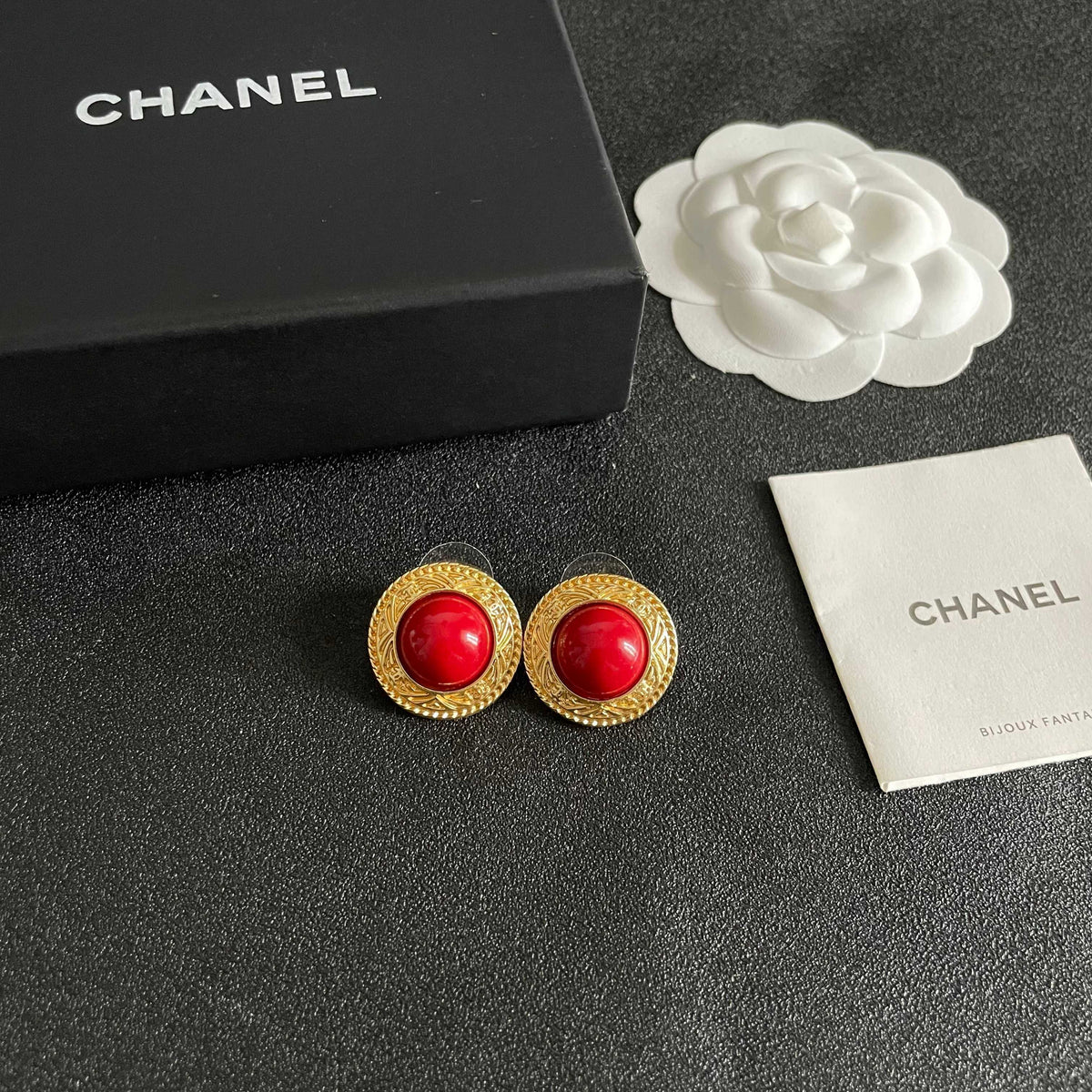 Double-C Emblem Stud Earrings in Polished Metal-Tone – Design 112 styled product view