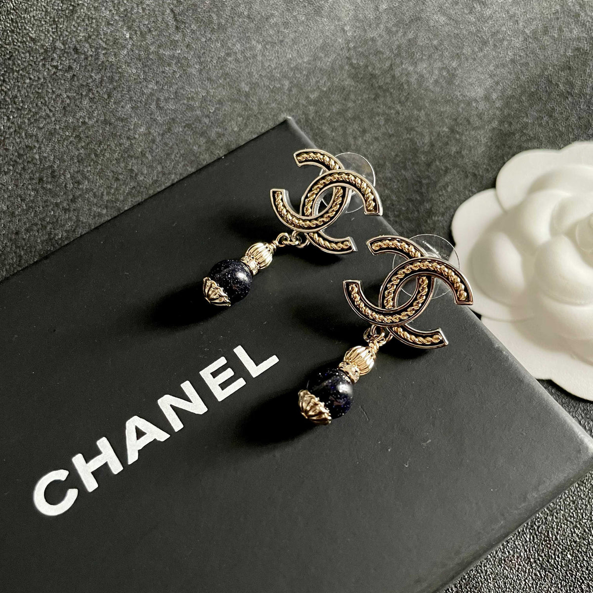 Double-C Emblem Statement Earrings in Polished Metal-Tone – Design 007 detail view