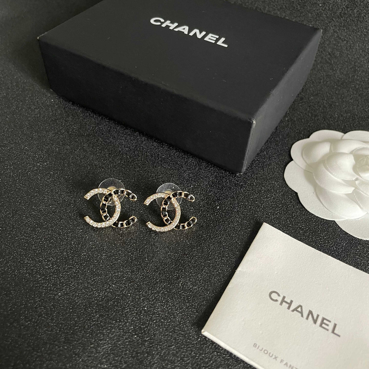 Double-C Emblem Crystal-Accent Stud Earrings – Design 003 close-up detail