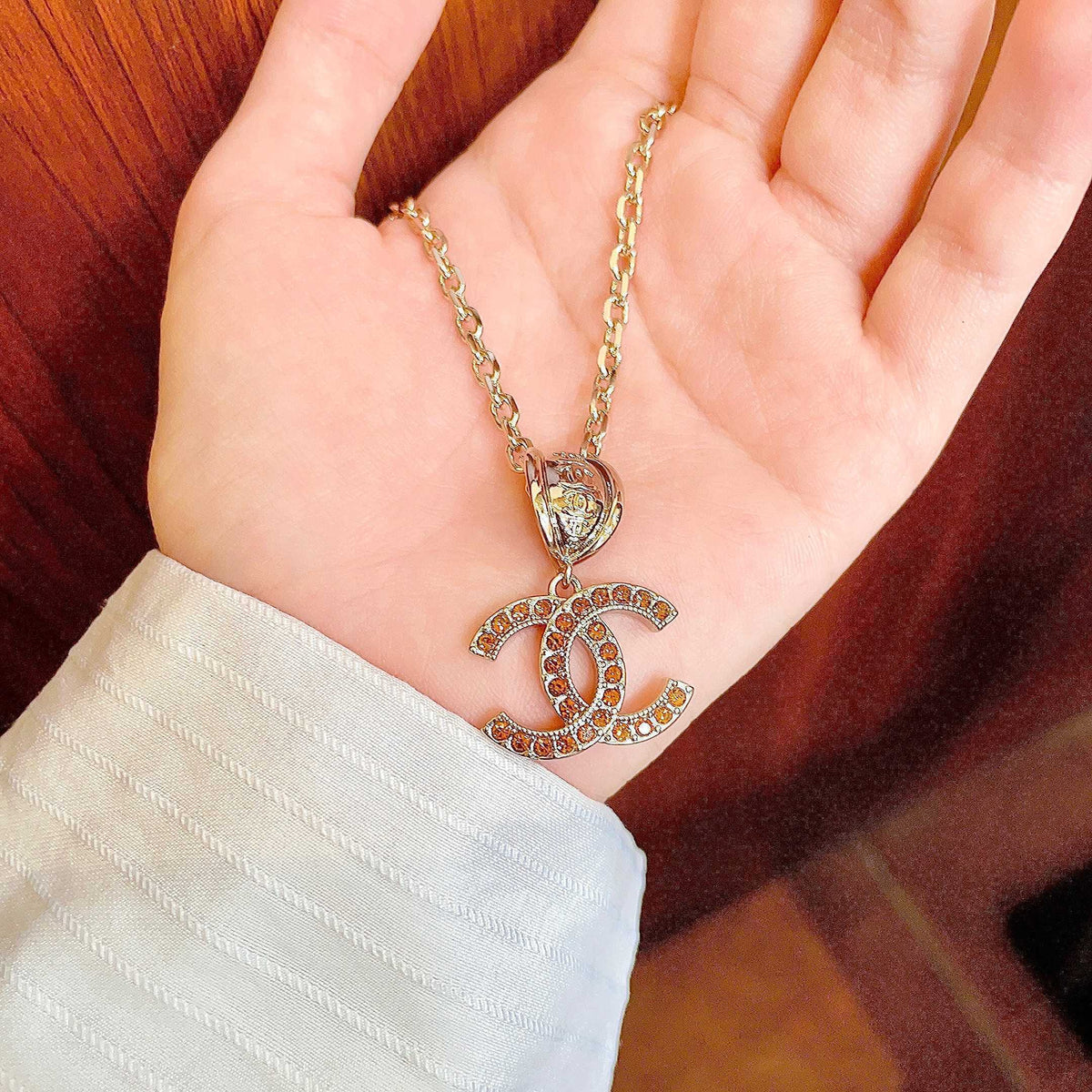 Double-C Emblem Crystal-Accent Pendant Necklace – Design 004 side detail